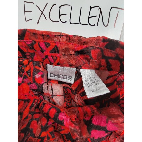 Chico's Womens Red & Black Abstract Button-Up Sheer Shirt Top Size 3 Long Sleeve - Picture 3 of 7